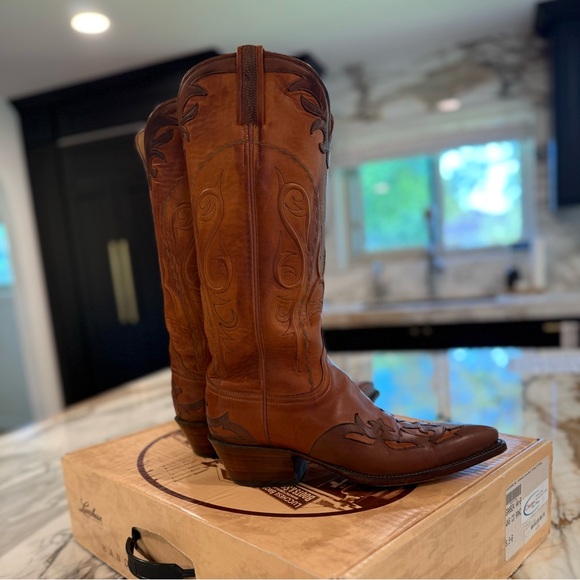 Lucchese Women’s Tall Chocolate + Saddle Brown Leather Cowboy Boots with Inlay - Picture 7 of 14